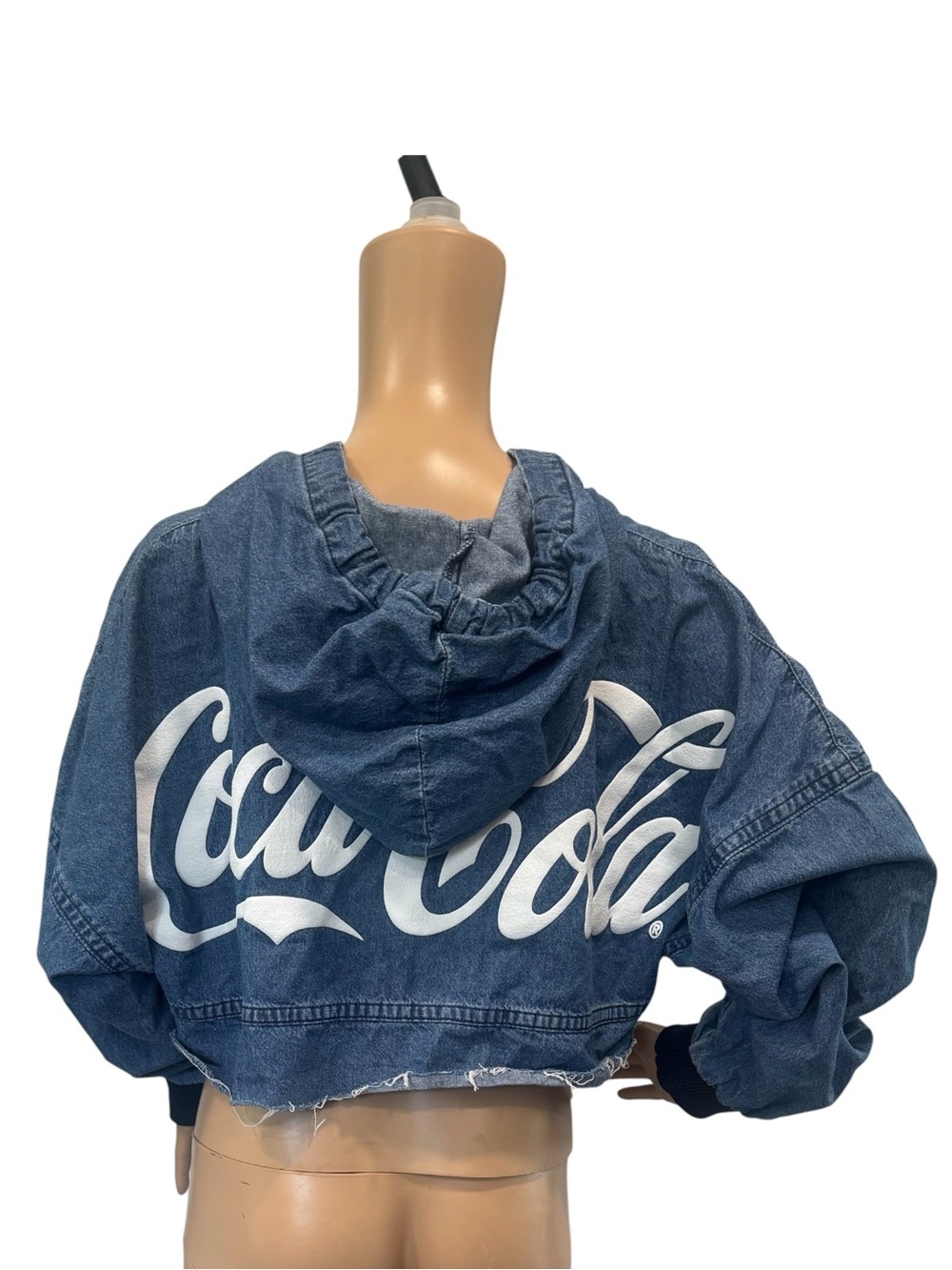 Coca-Cola By Spirit Jersey Denim Cropped Pull Over Hoodie Raw Hem Size S - Picture 2 of 10